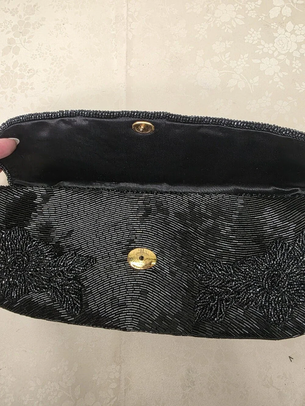 Vintage Black Beaded Floral Clutch Evening Purse